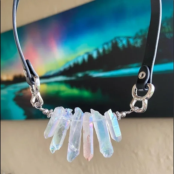 Crystal leather choker . Blue Angel aura rainbow iridescent Crystals choker - Picture 10 of 16